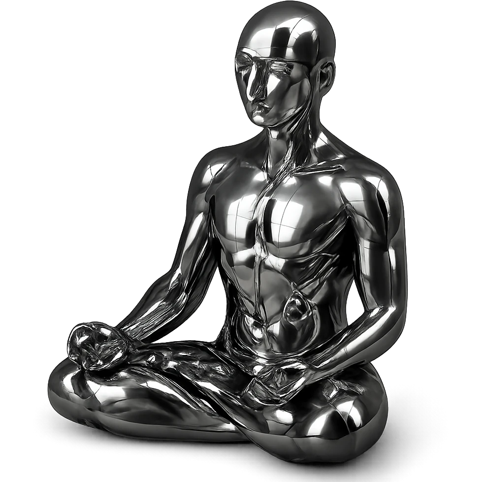 a serene gathering of metallic chrome figures, diverse, meditating in the lotus position, peaceful and harmonious, no background emoji