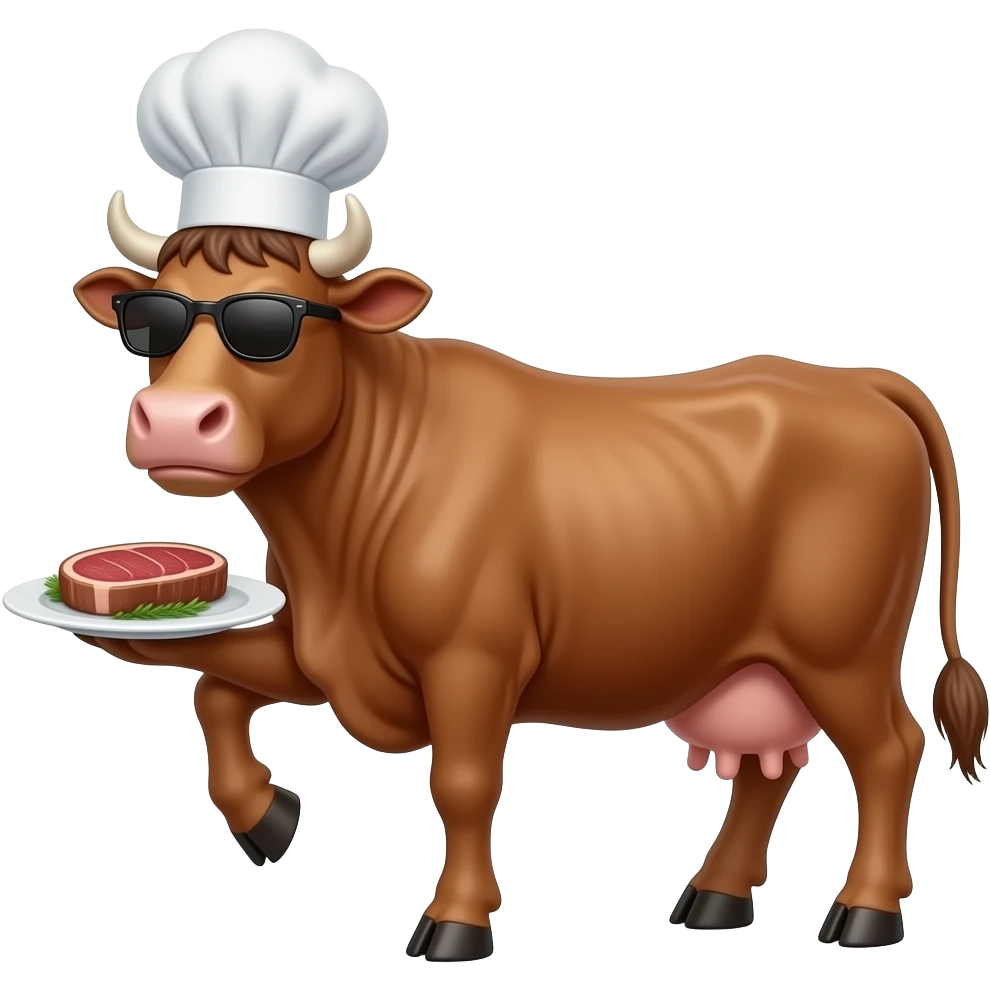 a cool male brown cow with chef hat sunglasses serving you a steak, 3 lag on ground, 1 leg hold the dish emoji