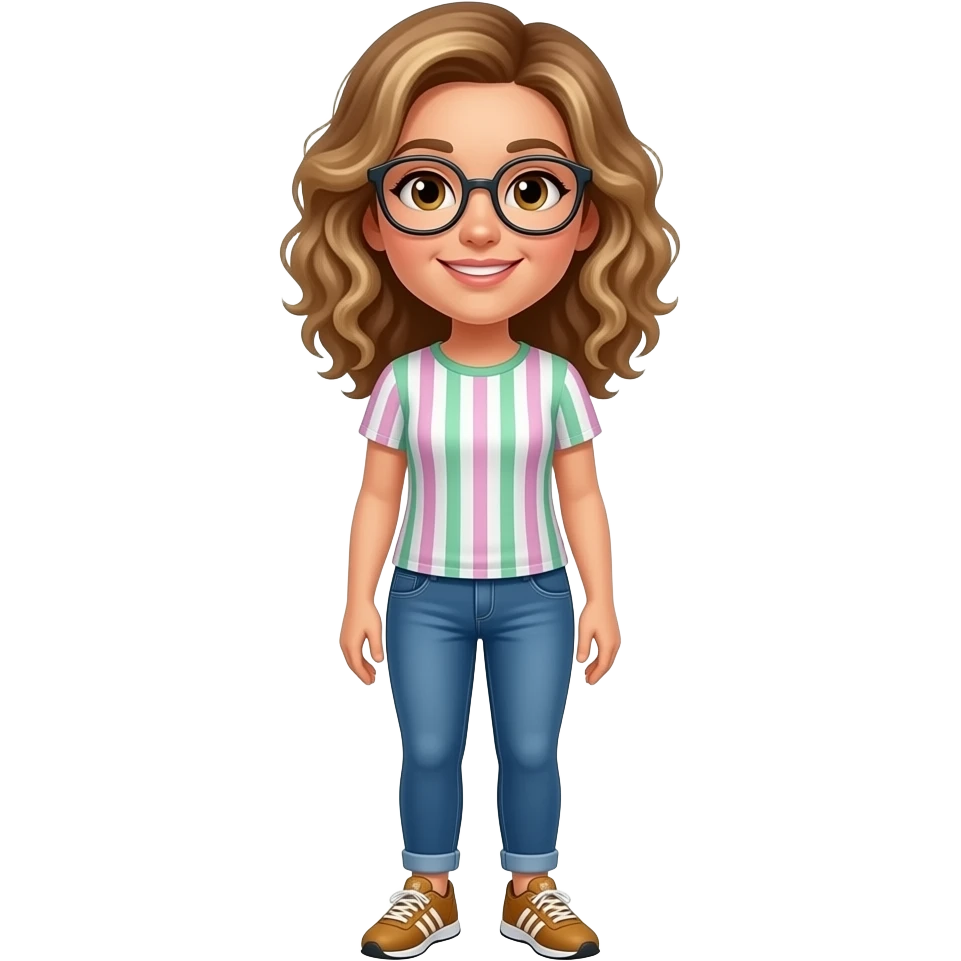 Make an emoji a women teacher dutch with  witch 6 corner glasses and between brown and blonde curly mi long hear with an t-shirt with small green pink and withe purple vertical stripes and a blue jeans witch addidas shoes brown and yellow emoji