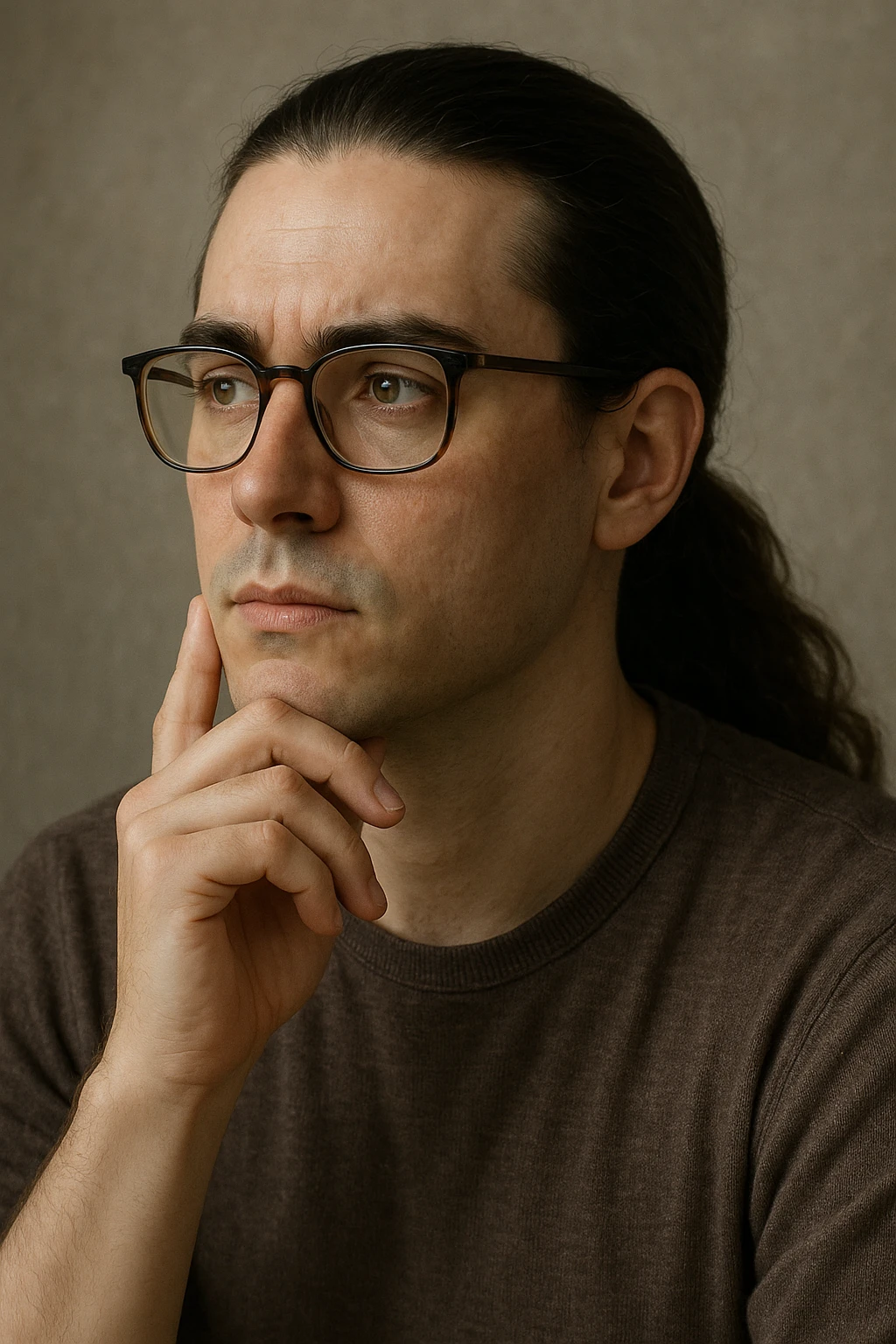 upper body portrait of a person with long pulled back dark brown hair, hazel eyes, and glasses, looking thoughtful emoji