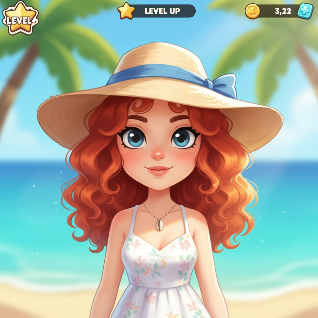 Girl wearing summer hat, red hair, front view,  Frontal Top-Down Soft Light, portrait, casual cartoon stylized game mobile emoji
