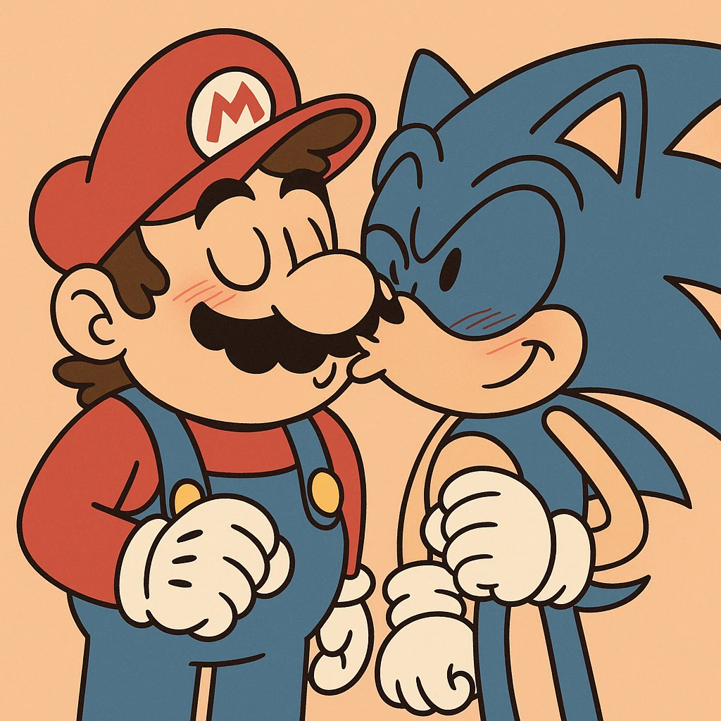 Mario and Sonic giving each other a quick kiss, blushing, playful expressions, classic video game style emoji