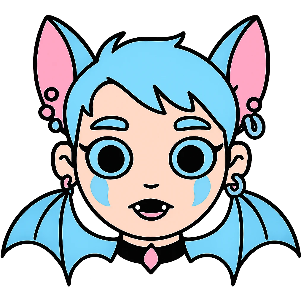 Add pastel-colored piercings to the pastel goth bat emoji, keep the style and pastel palette, with no background. emoji