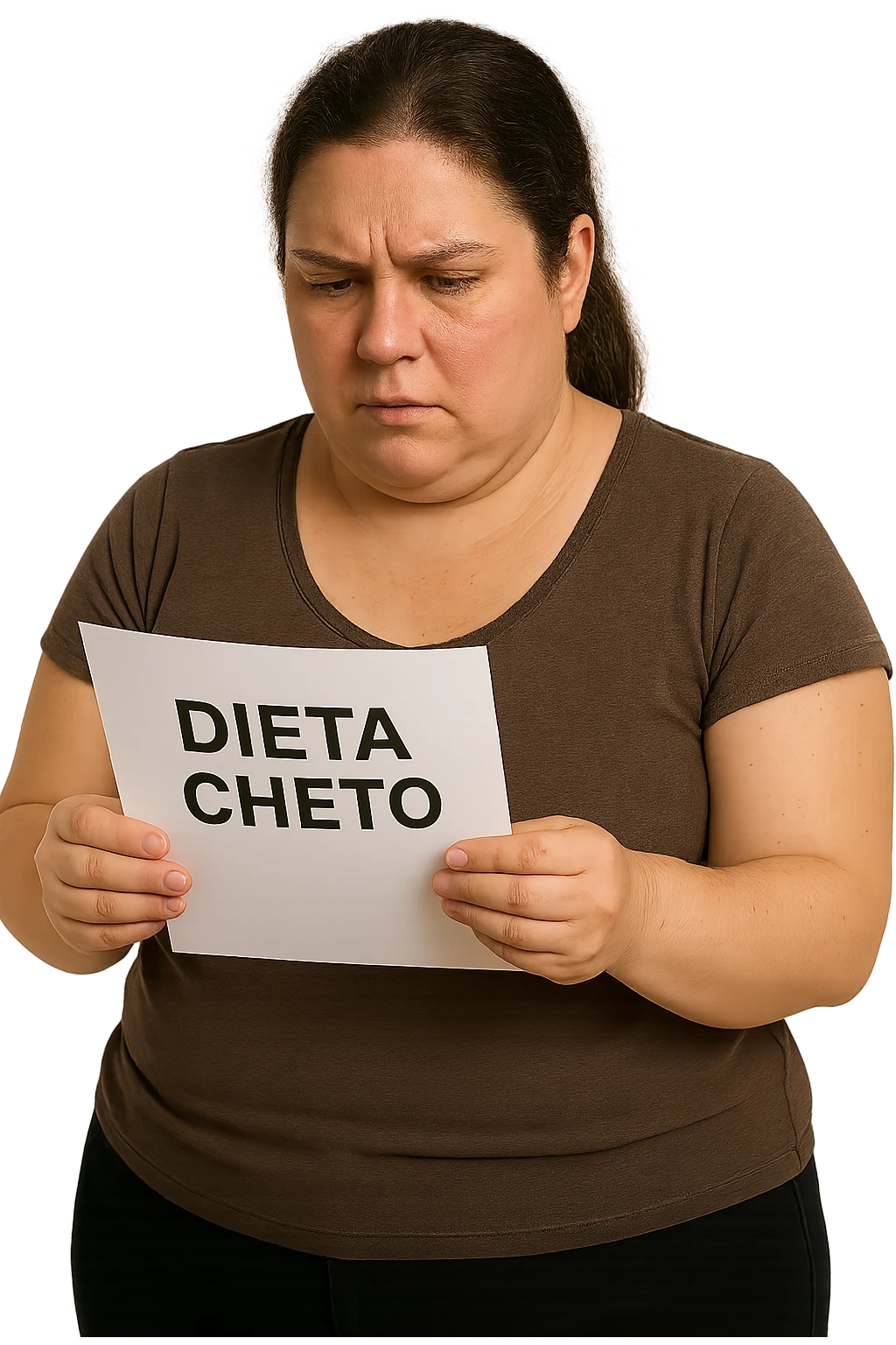 donna realistica leggermente in sovrappeso che legge un foglio con la scritta "dieta Cheto", sfondo bianco, iperrealistica 4k, IPERREALISTICA 4K emoji