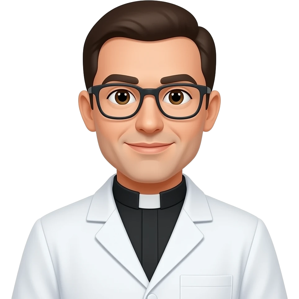 Biomedico com óculos com jaleco branco gola de padre emoji