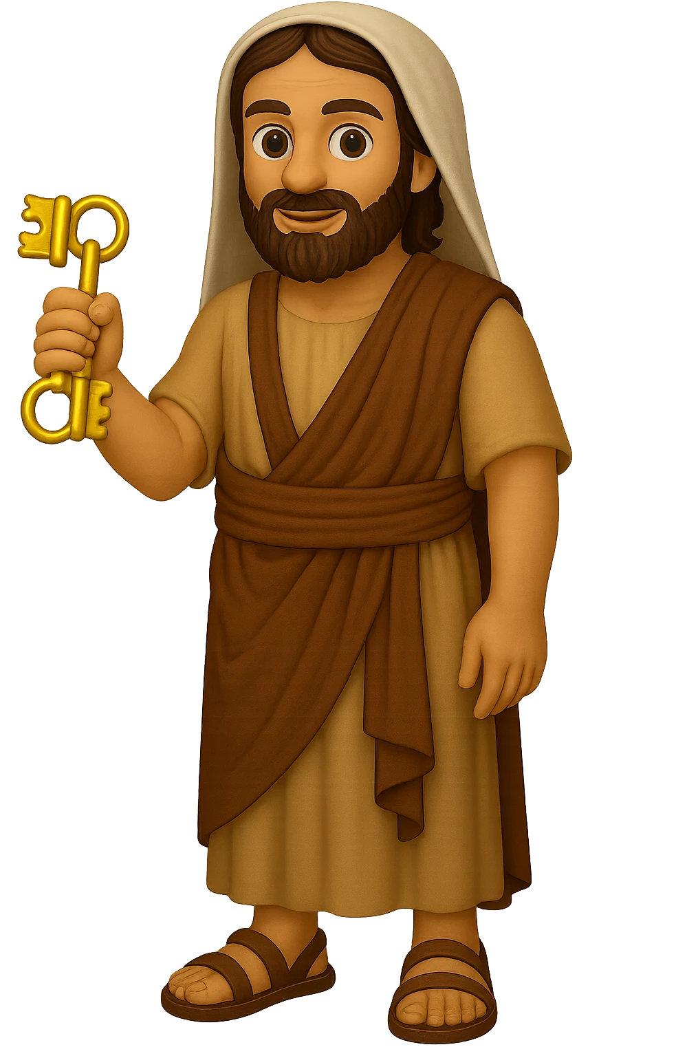Make the shirt sleeveless like in 'The Chosen' show, keep plain robes, fullbody apostle Peter, high detail, emoji style, holding keys, full beard, standing pose, intricate clothing, no background. emoji