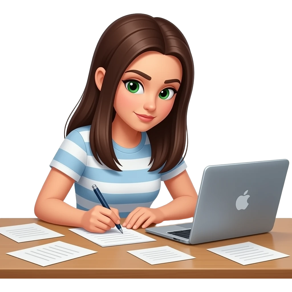 a brunette with long straight hair with green eyes writing down notes with a lot of pieces of paper around her scattered everywhere on the table (at least 5 pieces of paper in a very disorganized way and a laptop in front of her and shes very focused)) emoji