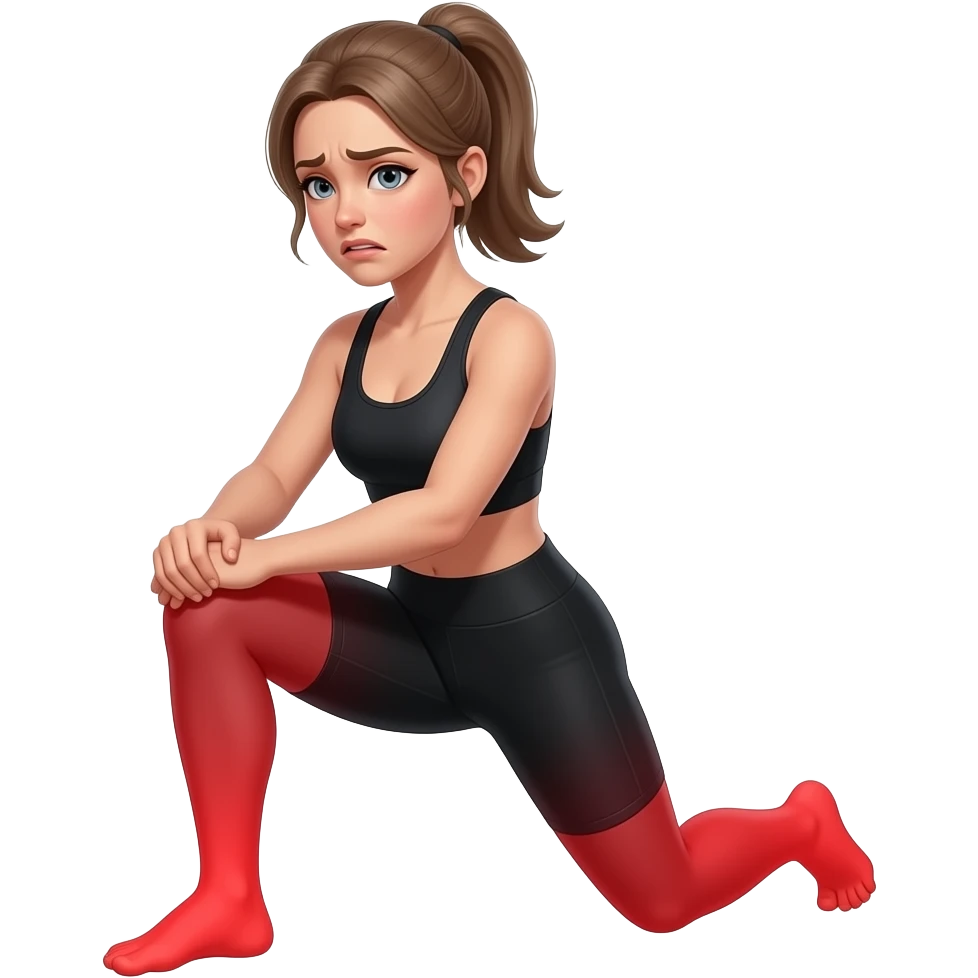 leg pain, full red glow covering both legs from hips to feet, woman holding one leg, fair-skinned woman, gray-blue eyes, ash brown brows, ash light brown hair tied back, slim athletic body, black workout set emoji
