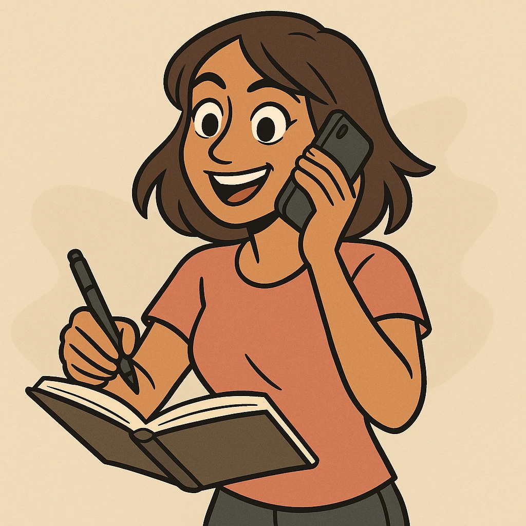 tan woman with brown eyes and brown shoulder length hair, multitasking with a phone and notebook, energetic and productive vibe, modern style emoji