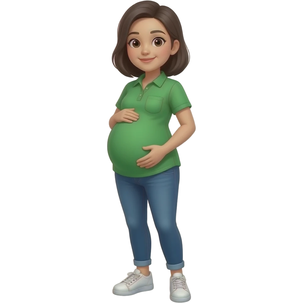 a full body pregnant asian women. She is wearing a green shirt with white sneakers emoji