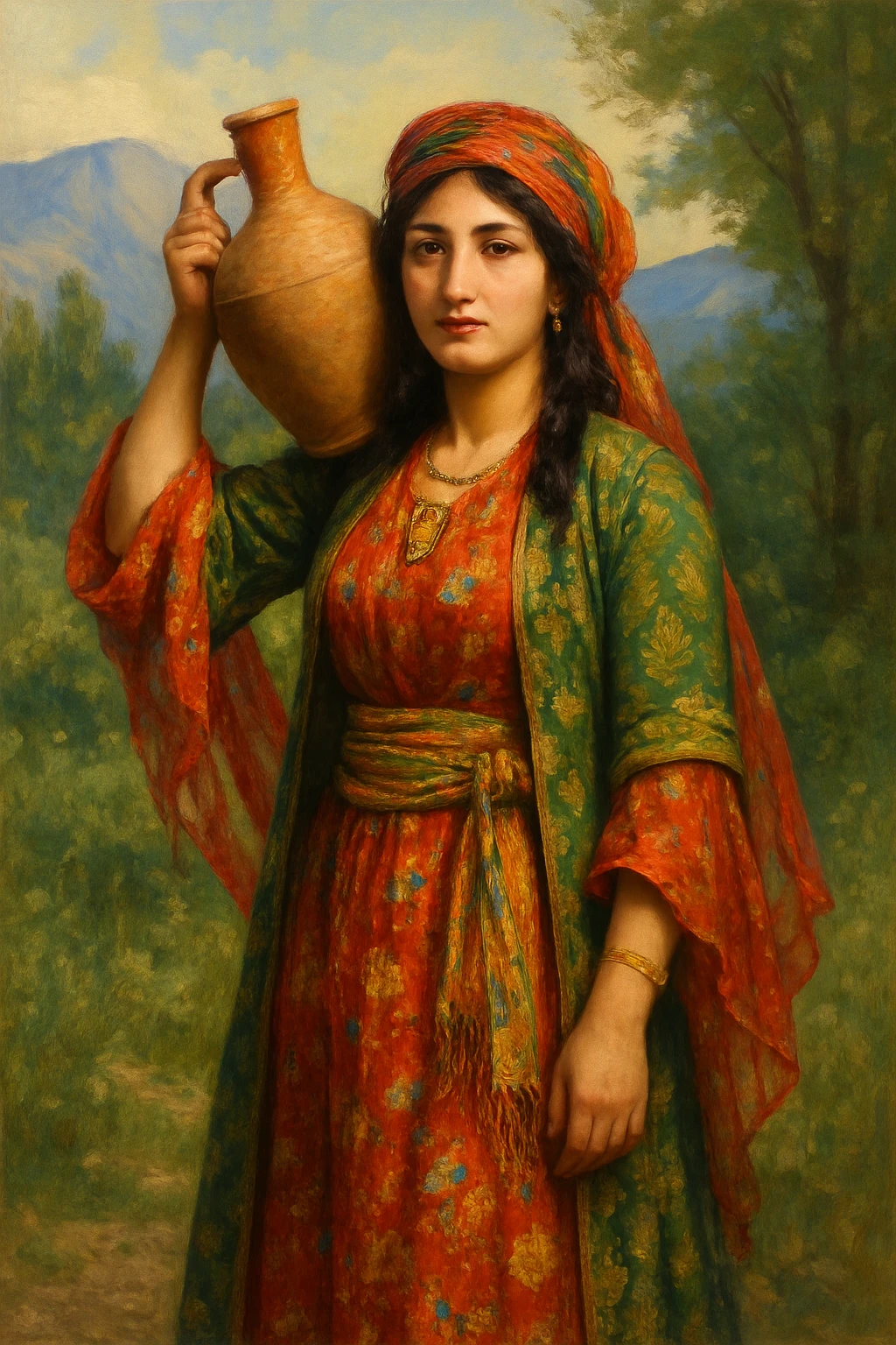 کوردی woman in traditional Kurdish dress, carrying a water jug on her shoulder, vibrant colors, authentic details, natural background emoji