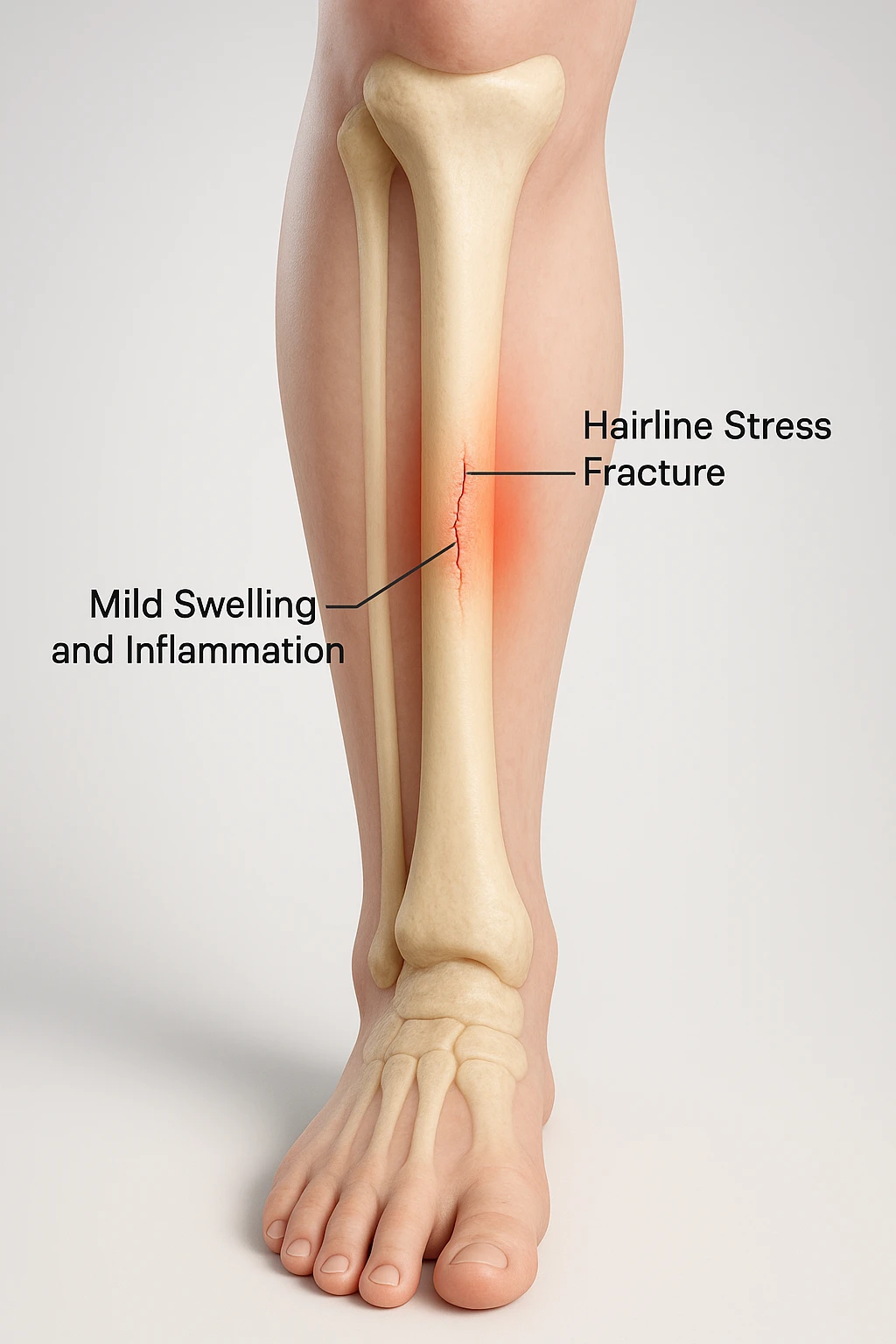 3D realistic medical illustration: a close-up of a human lower leg (tibia), showing the bone with a visible hairline stress fracture. The surrounding soft tissue is semi-transparent, highlighting mild swelling and inflammation. Educational labels point to the fracture site. The background is clean and clinical, with a subtle gradient. emoji