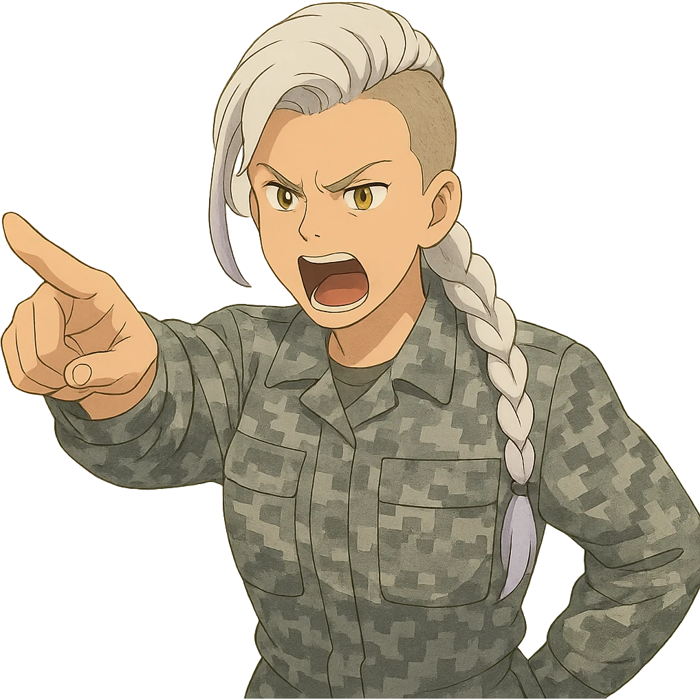 Style of Anime, 1 female, gold yellow eyes, white hair lavender tips, locks in front, mohawk, long white braid, she is a drill sergeant at work, focused facial expression, shouting command, eyes looking down in front of her, pointing a blade hand gesture to the forward direction, uniform of gray large scale digital camo emoji