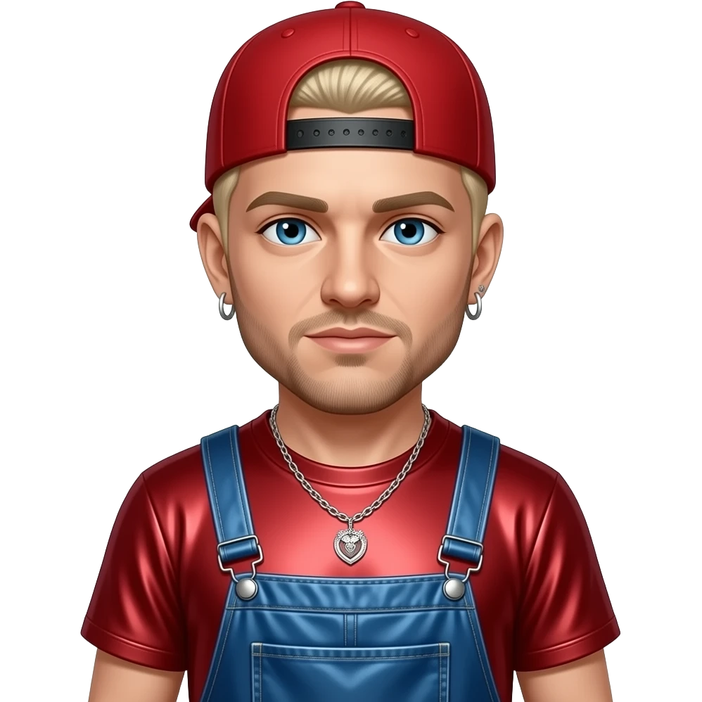 Fred Durst with blue eyes, blonde buzz cut hair, red cap, red metallic metal t-shirt, blue metallic metal baggy pants, necklace and earrings emoji