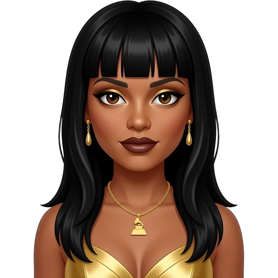 LeToya Luckett from Destiny's Child with dark brown eyes, long black bang hair, gold eyeshadow, dark brown lipstick, grammy gold dress, necklace and earrings emoji