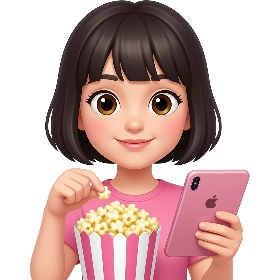 chica de cabello oscuro y corto, con ojos color cafe, con ropa color rosa, con palomitas de maiz y mirando una tablet de iphone rosa en la otra mano emoji