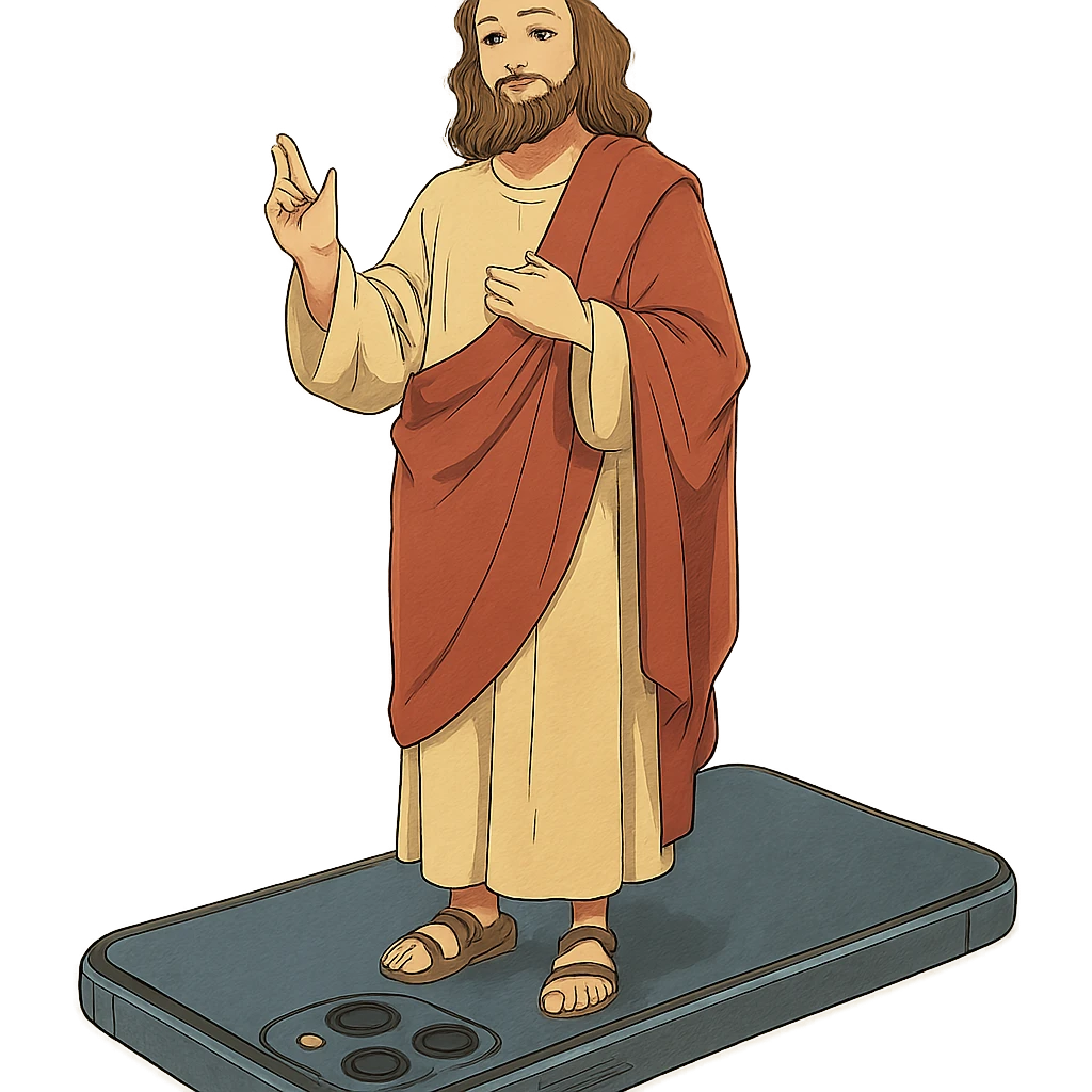 Jesus standing on top of an iPhone, detailed, ghibli style emoji