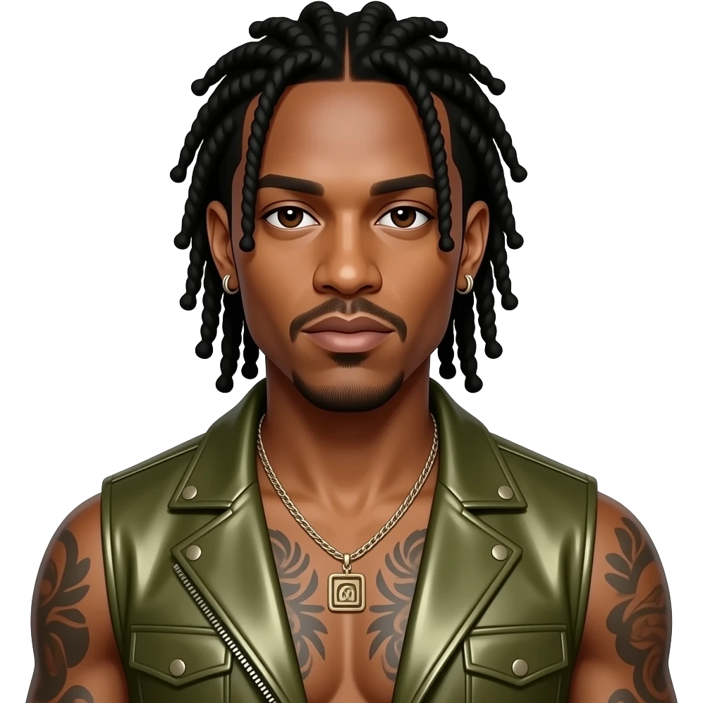 Sean Paul with dark brown eyes, long black cornrows, olive metallic vest, shirtless with necklace and earrings emoji