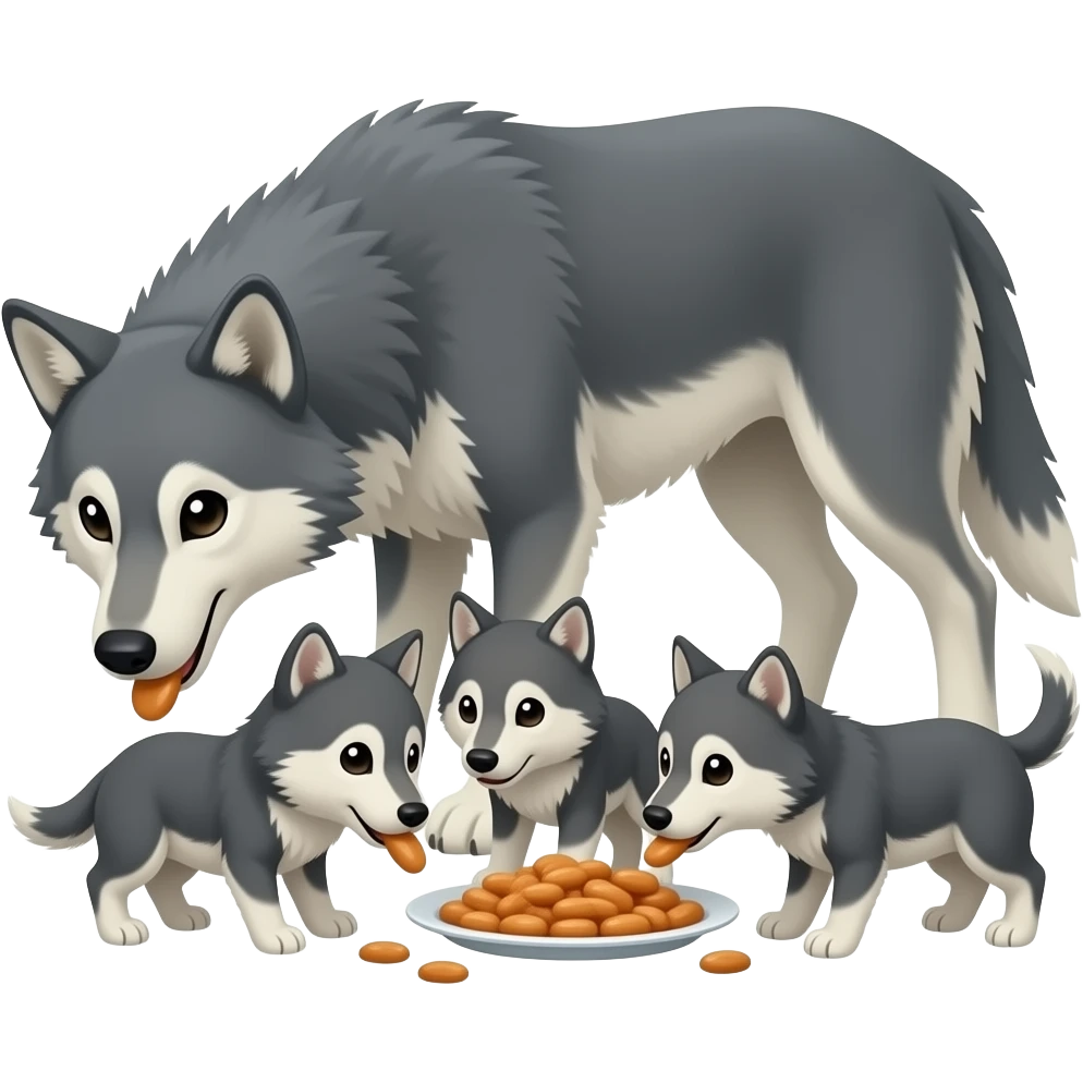 The cartoon wolf haves 3 wolf pups thet eat together emoji