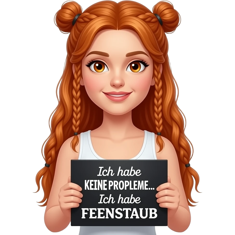 sexy girl with long ginger braids and ginger eyes wearing a white tanktop holds a black sign with Ich habe KEINE PROBLEME... Ich habe FEENSTAUB written on it emoji