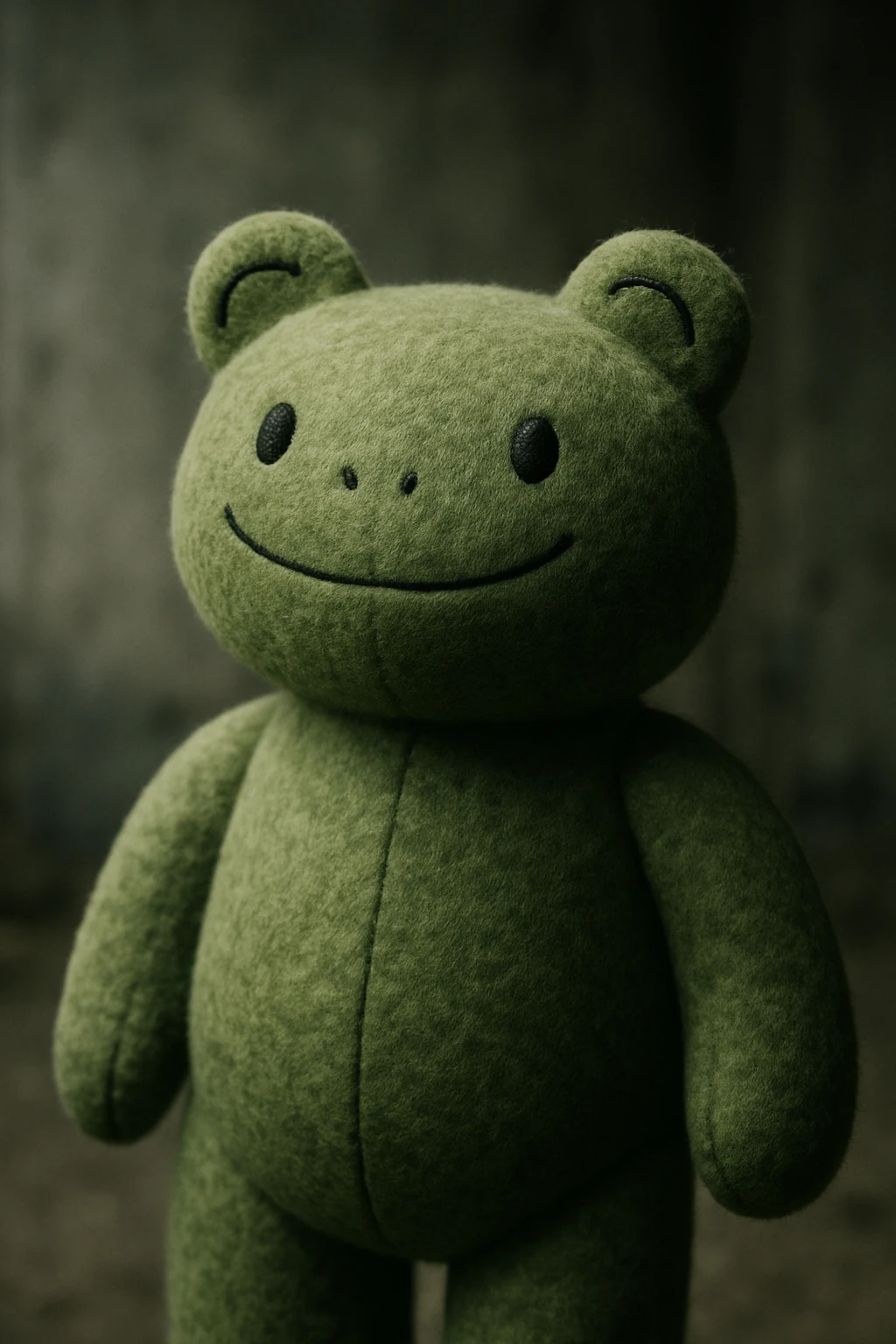 soft plush toy combining a teddy bear's body in green and a frog's head, with plush texture and playful features emoji