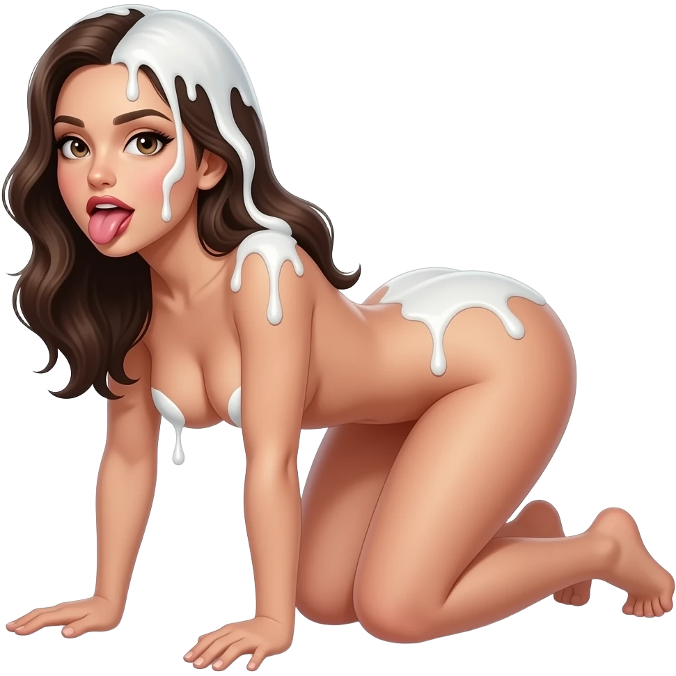 Sexy brunette woman. Naked. On all fours. Mouth open. Tongue out. Hair covered in milk. Face covered in milk.ass covered in milk. milk dripping off breasts emoji