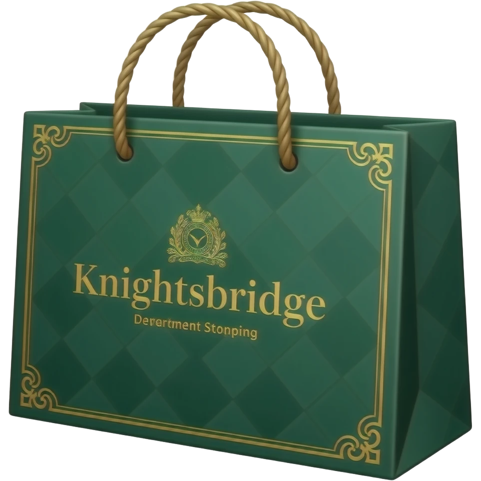 Luxury department store shopping bag inspired by Knightsbridge, isolated, centered, no background, deep green and gold details, elegant upscale London shopping aesthetic emoji