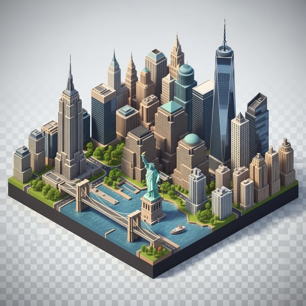 Isometric miniature of New York Сity Empire State Building, One World Trade Center, Statue of Liberty, Brooklyn Bridge, and Central Park 3D miniature effect and Tilt Shift effect, no cartoonish look, transparent background. emoji