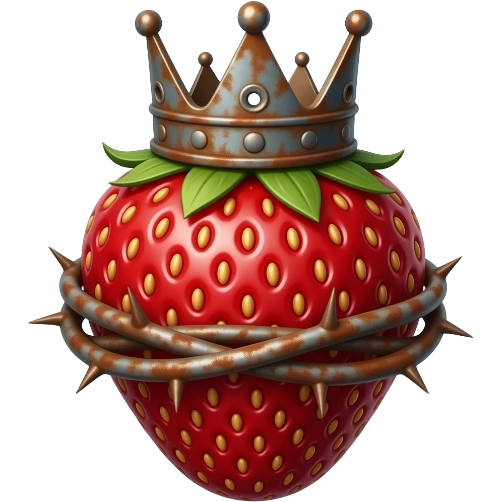 cinematic realistic -a rusty strawberry with a rusty, richly decorated English royal crown on top that is flaming. A crown of thorns is wrapped around the strawberry's body that is spinning around its body emoji