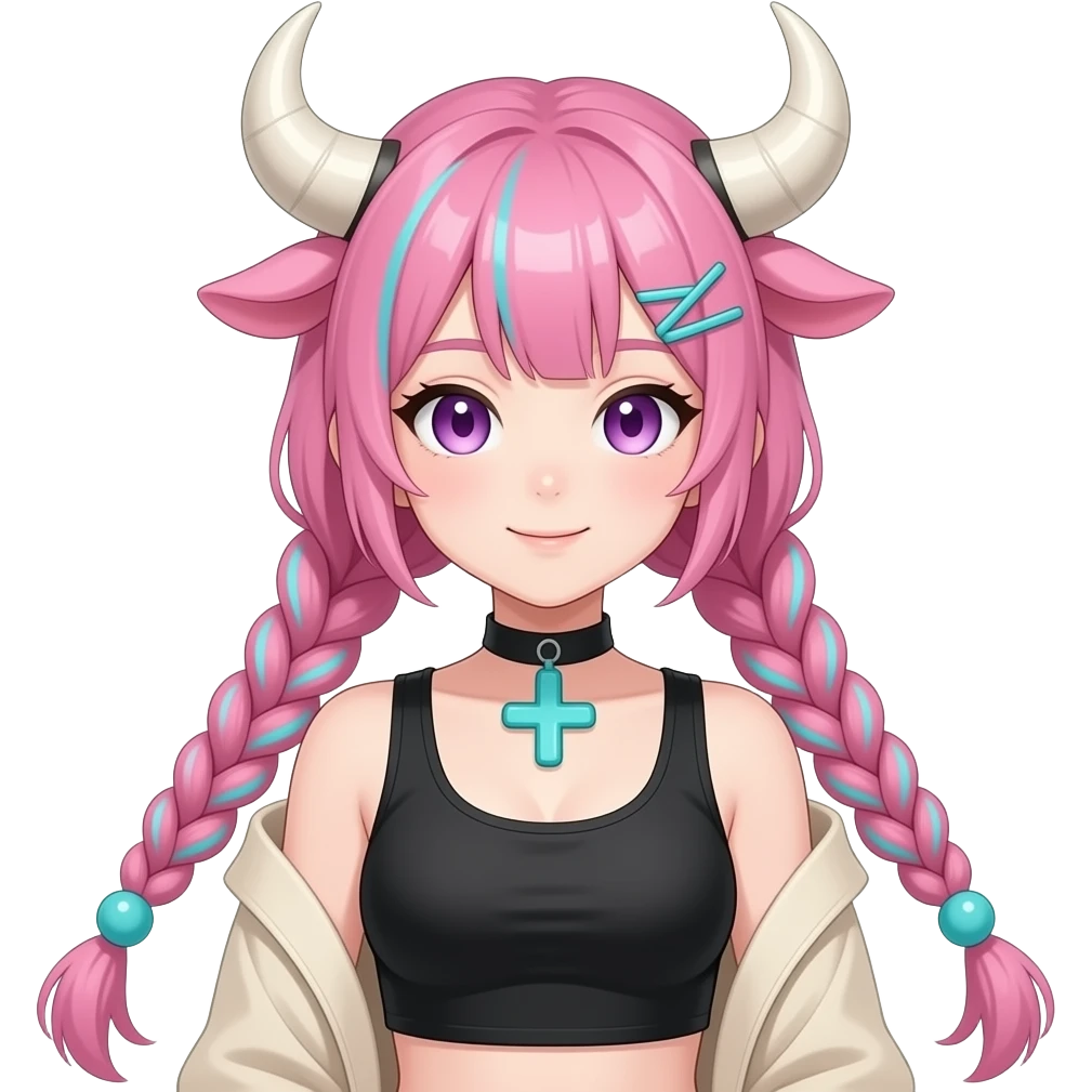 Cute pretty anime woman with big white bull horns, pink braided hair with thing cyan stripes and cyan ball-shaped hair ties, pink cow ears on the sides of head, Black cropped top; beige detached long sleeves, neck ribbon, purple eyes, cyan plus-shaped hair loom emoji