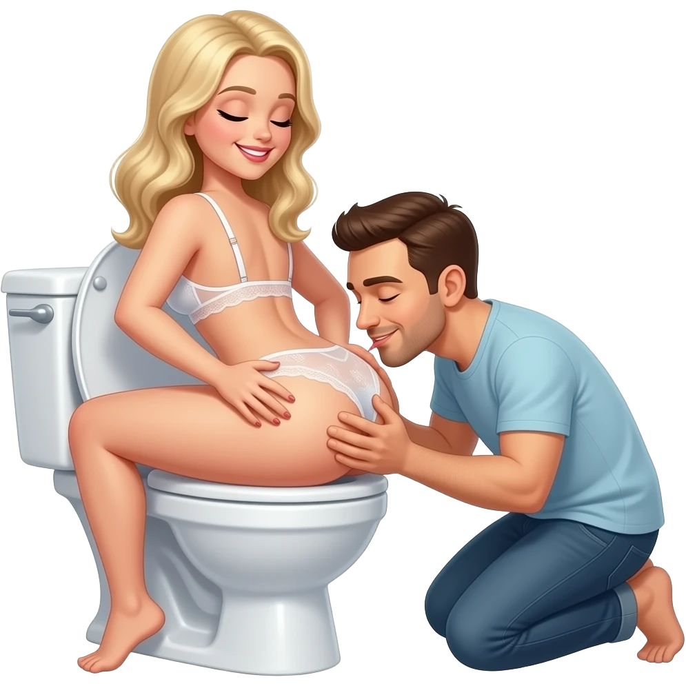 White blonde woman in lingerie sits backwards on open toilet holding her butt open while man kneels behind her kissing her butt. Eyes closed smiling emoji