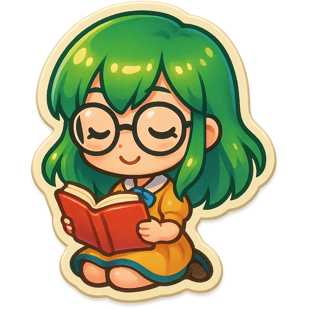 chibi anime girl with green hair and glasses, reading a book, retro stickers style emoji