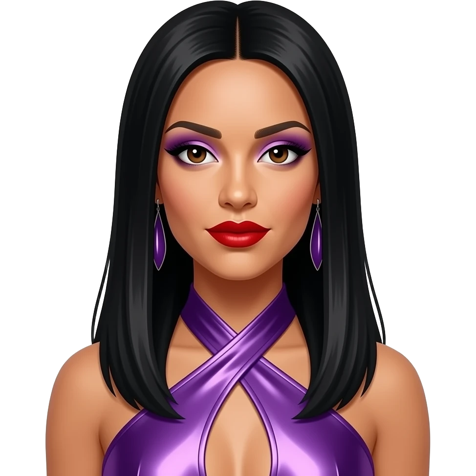 Nicole Scherzinger from The Pussycat Dolls with dark brown eyes, long black straight hair, purple eyeshadow, red lipstick, purple metallic halter dress, earrings emoji