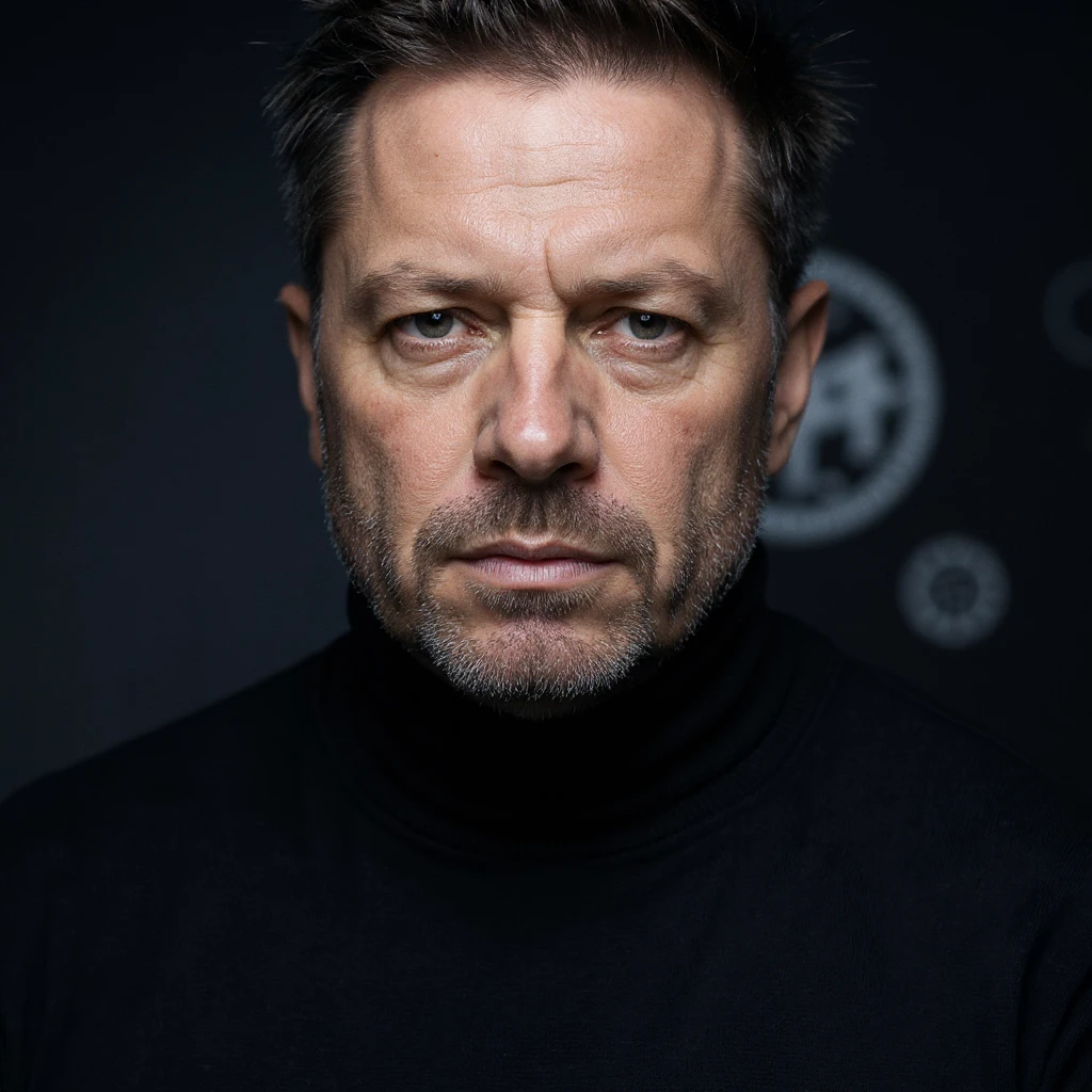 Vertical portrait of a man's face in a realistic style with an intense gaze. Include symbols of a protective barrier and regenerating cells. The atmosphere should convey strength and health during fasting. emoji
