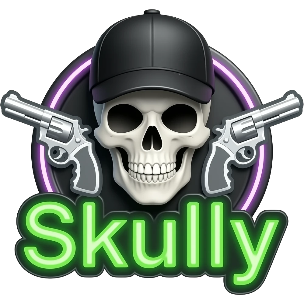 Create me a neon sign that says "Skully" in green with a skull and cross pistols behind it, (the skull and pistols are neon white, grey, and assorted colors) the skull also has black shades and a baseball cap thats black emoji