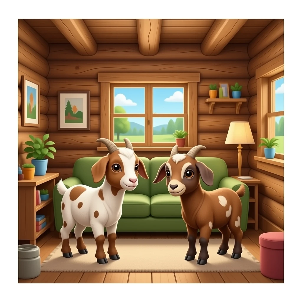 hazme la parte de dentro de una casa, la casa tiene que ser rustica. Pon algunas (2 o 3) cabra pequeña con manchas marrones dentro de la casa. emoji