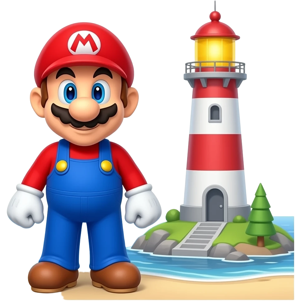super mario bro close to a lighthouse 3d close to the ocean emoji