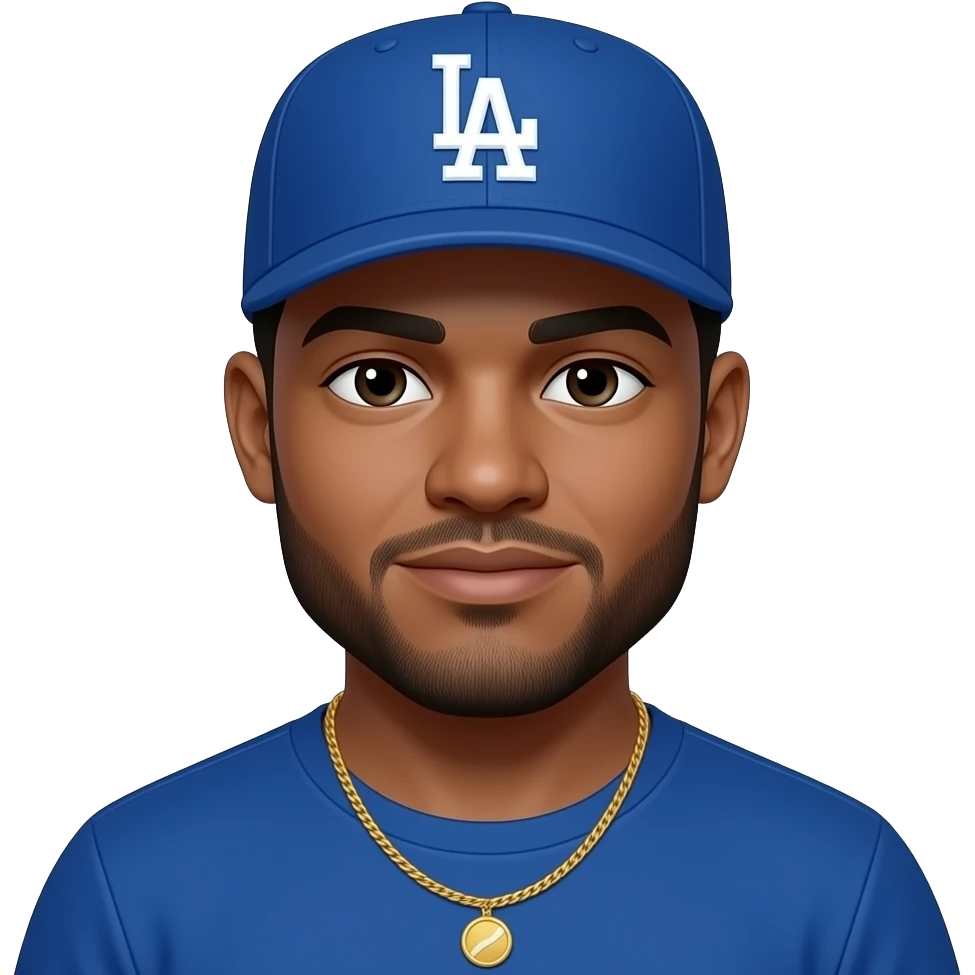 African American light skin man with lighty shaved black beard with slightly chuby face wearing a blue Los Angeles Dodgers logo baseball cap wearing a gold tennis necklace emoji