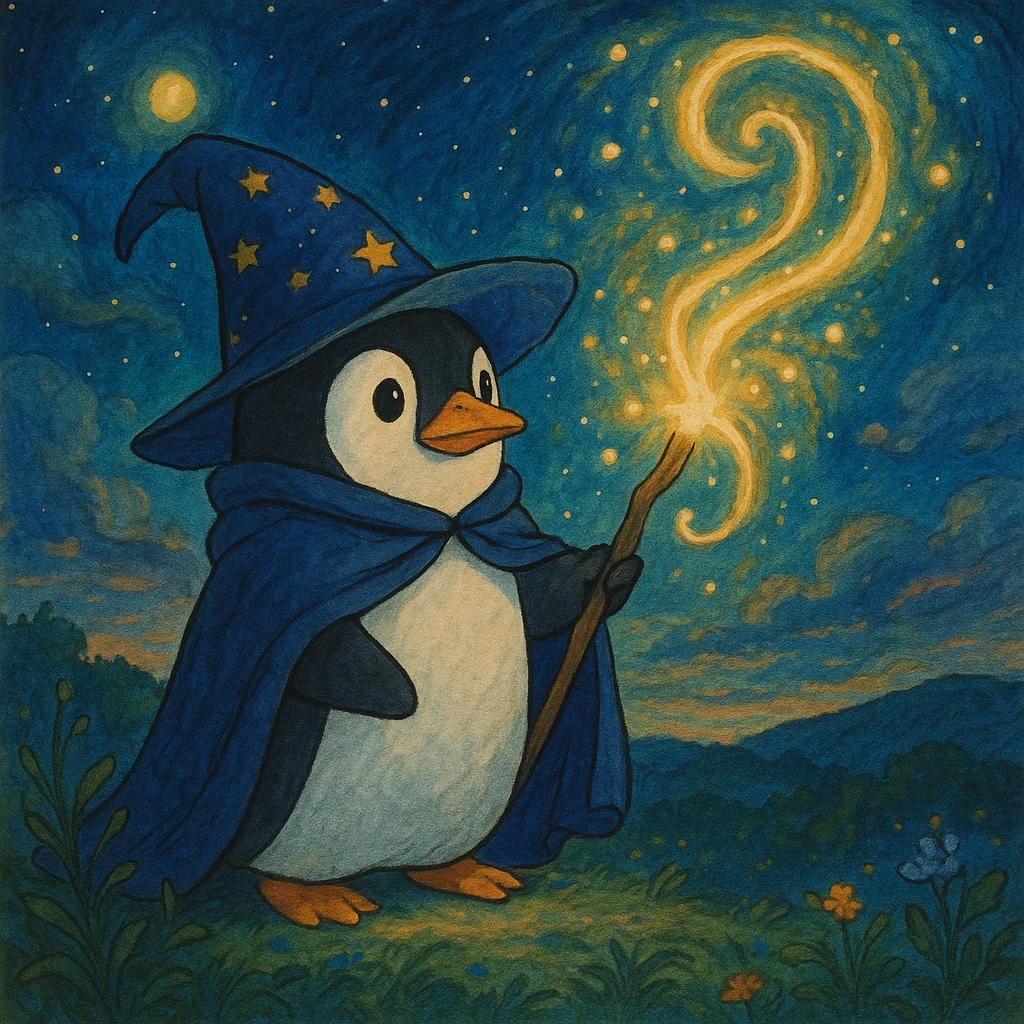 ghibli style penguin wizard casting a spell with a magical background emoji