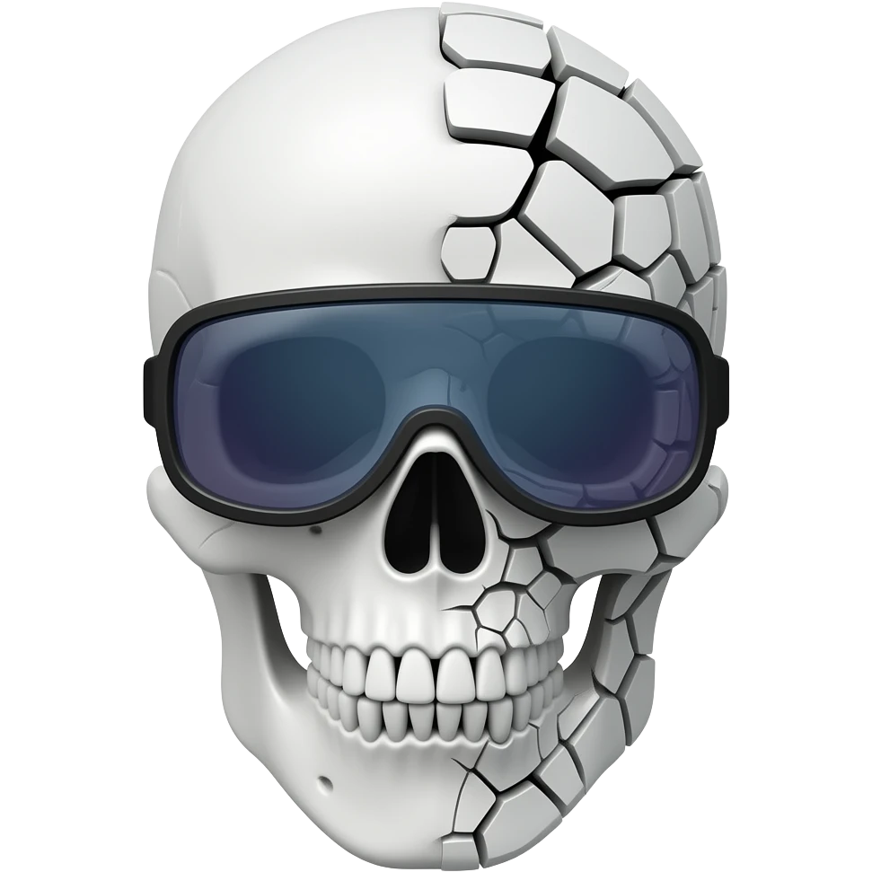 Ты видишь эмоджи два D мне необходимо чтобы было 3D на картинке показано маска в виде белого черепа Иви правая сторона которого рассыпается дискретно на части очки на этой маске монолитные как сноубордическая маска или как маска лыжника. И так задача сделать объемные эмоджи emoji