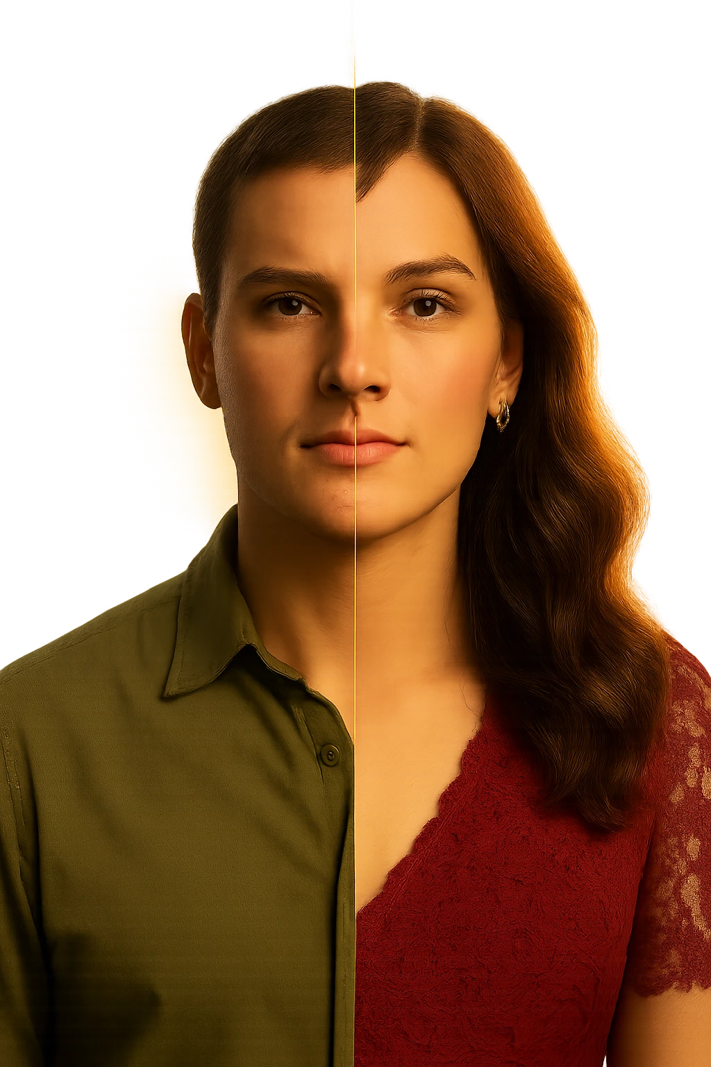 a split image—on the left, a man with short hair and masculine clothing; on the right, the same person with longer hair, makeup, and feminine attire. In the center, a gentle gradient blends the two sides, symbolizing the ongoing process of gender transition. The lighting is warm and the atmosphere is empowering. emoji