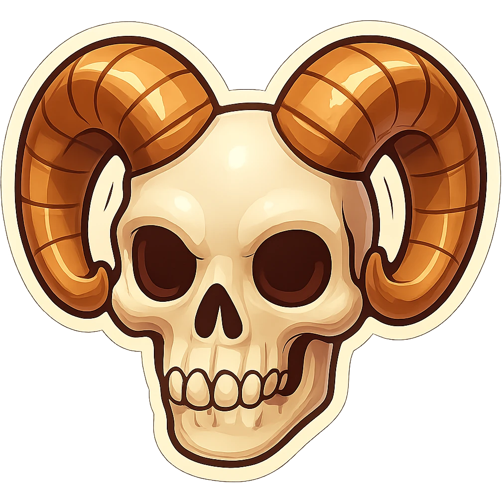 Add large, curled ram horns to a human skull in emoji style. The horns should be realistic and prominent, matching the reference image's style and detail. emoji
