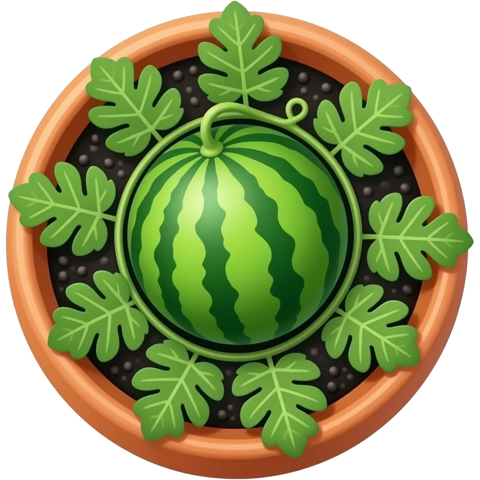 a cute pot with same black dirt and a watermelon big vine with more leaves . no fruits in it, show the dirt and vine  from the hight point of view and still see the pot emoji