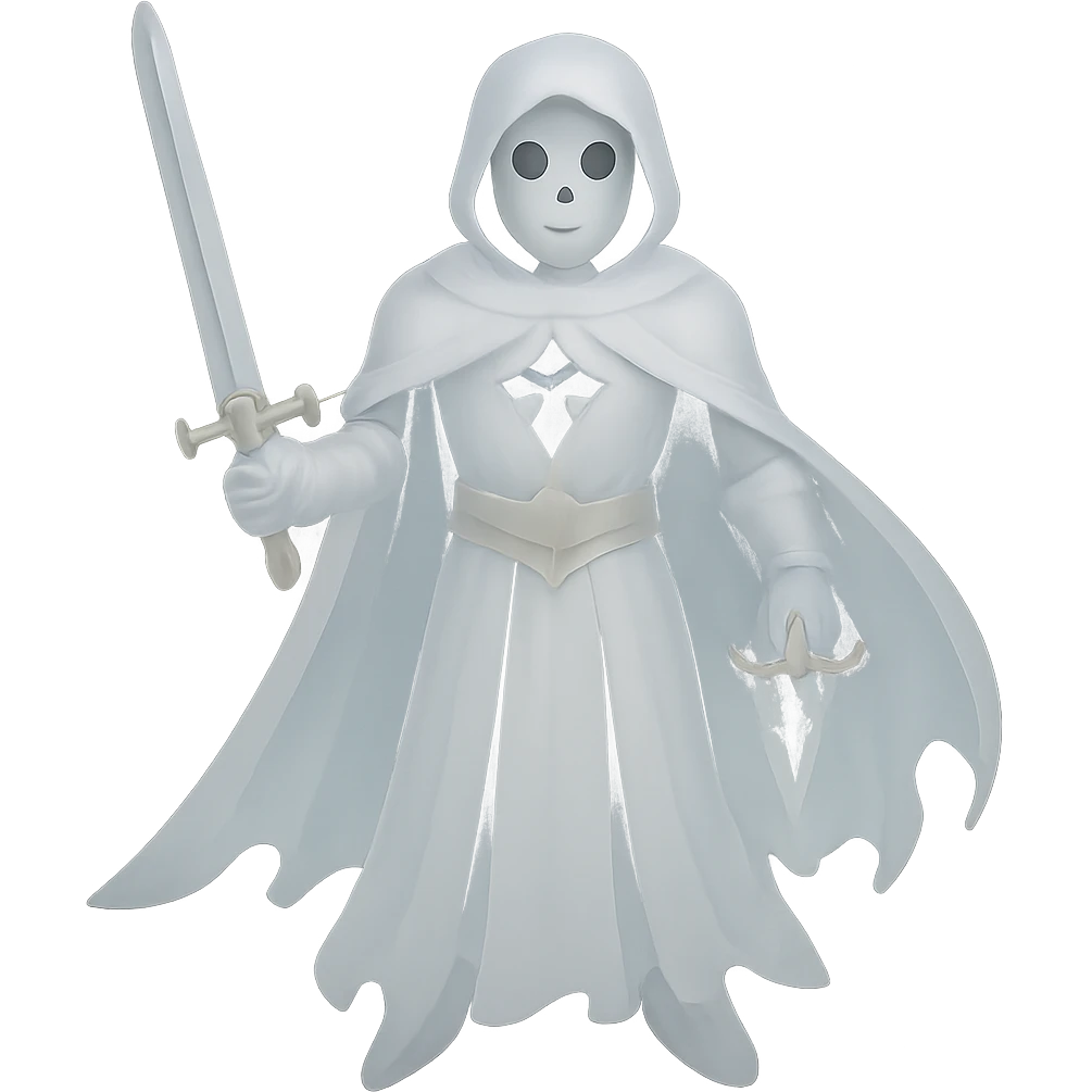 Make the floating knight ghost holding a sword more transparent with no background, emphasizing the ghostly and ethereal nature. emoji