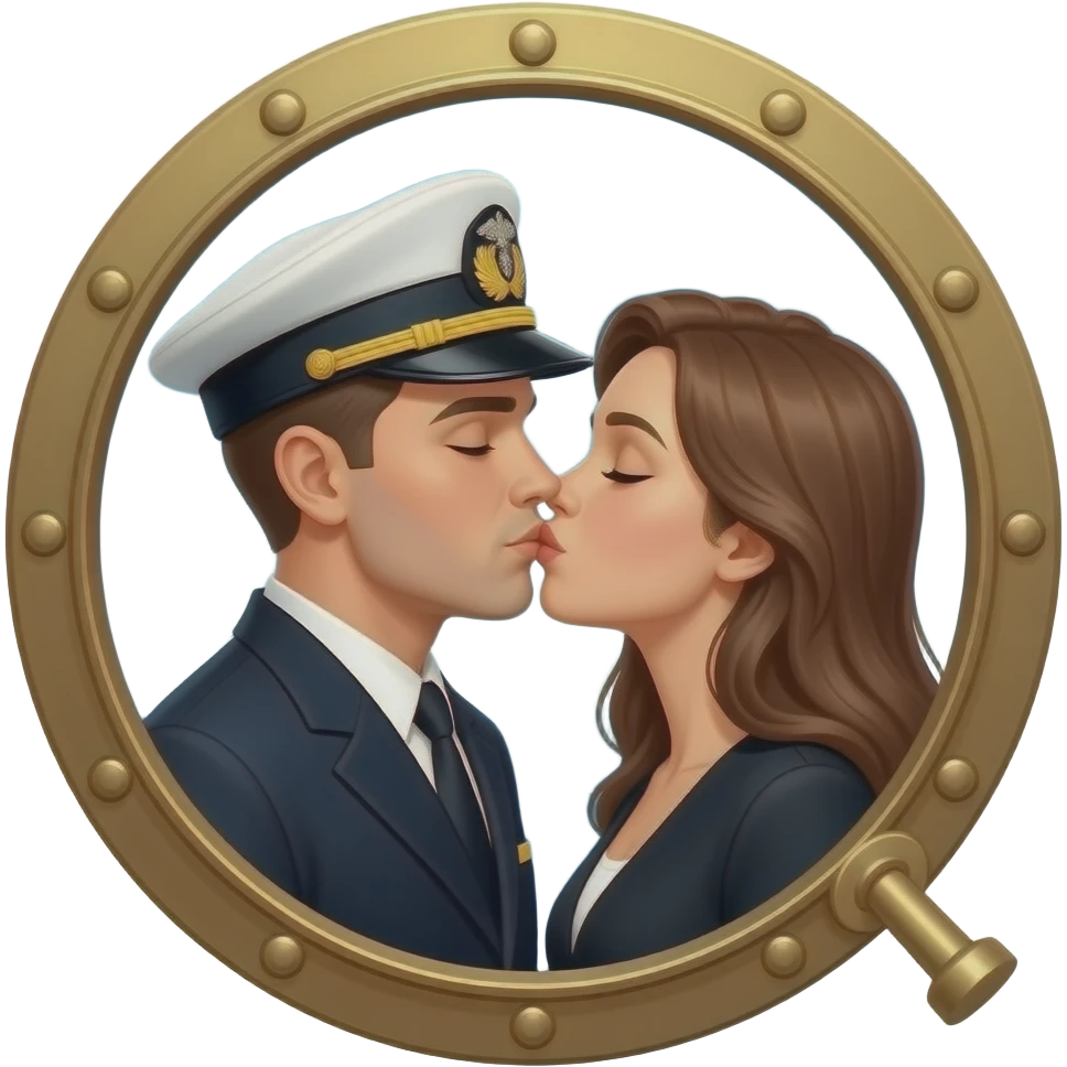 Porthole with male naval officer and female dressed in black kissing emoji