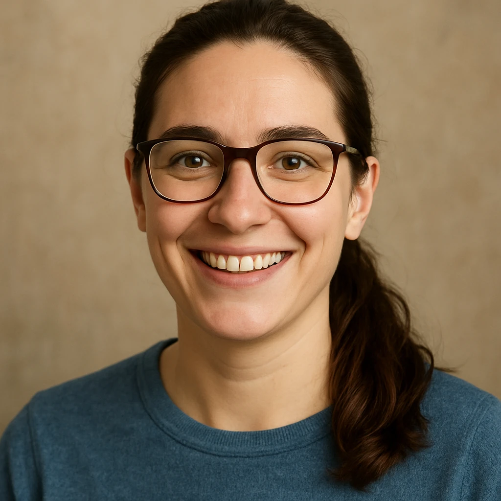 upper body portrait of a person with long pulled back dark brown hair, hazel eyes, and glasses, cheerful emoji