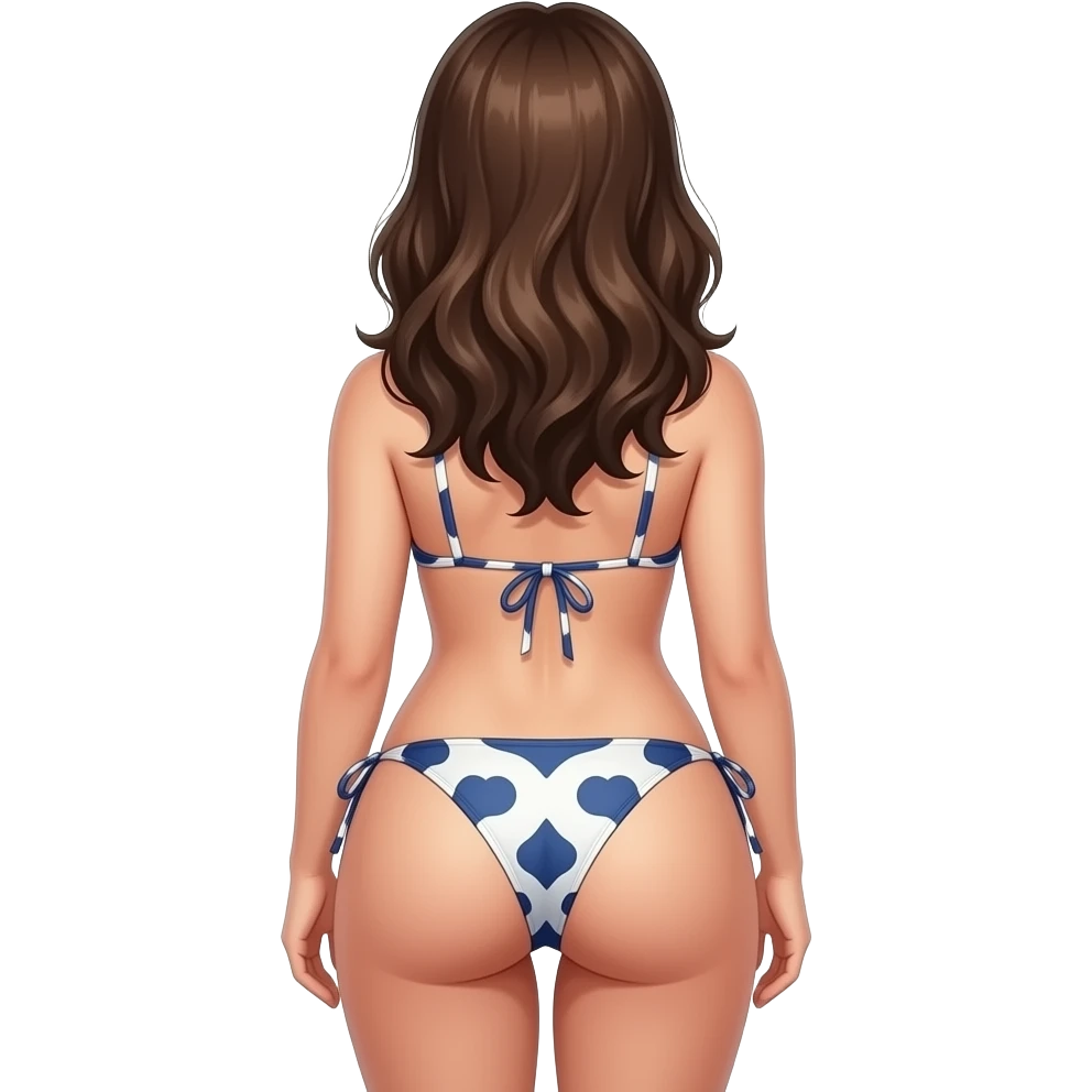 emoji style girl from behind wearing bikini, curvy body, detailed hair, emphasized hips, standing pose, slightly arched back, soft shading, high detail, sticker style, clean background emoji