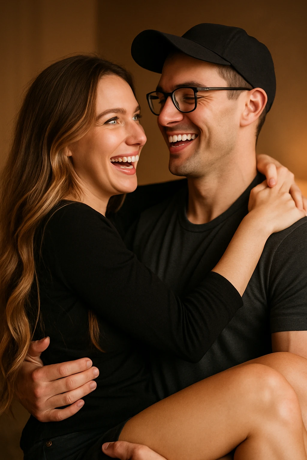 A woman with green eyes and very long brown-blonde balayage hair, in the arms of a sexy man with strong arms, brown eyes, a straight face, wearing a cap and glasses. The man has very short dark chestnut hair and light skin. They are laughing at each other. emoji
