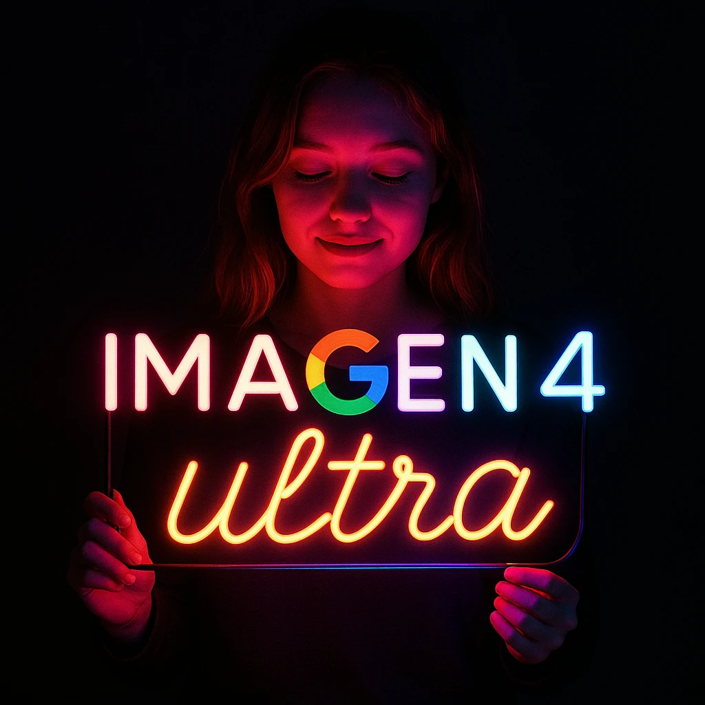 make a girl holding this sign, but sign in made of neon, also add ultra below the sign emoji