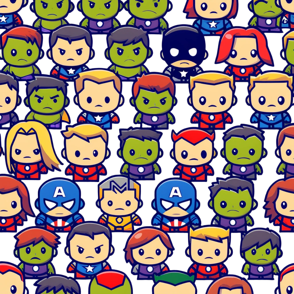 Chibi Avengers team with cute small proportions, big heads, tiny bodies. Include Iron Man, Captain America, Thor, Hulk, Black Widow, and Hawkeye with adorable expressions emoji